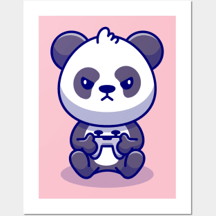 Cute Panda Gaming Cartoon Posters and Art